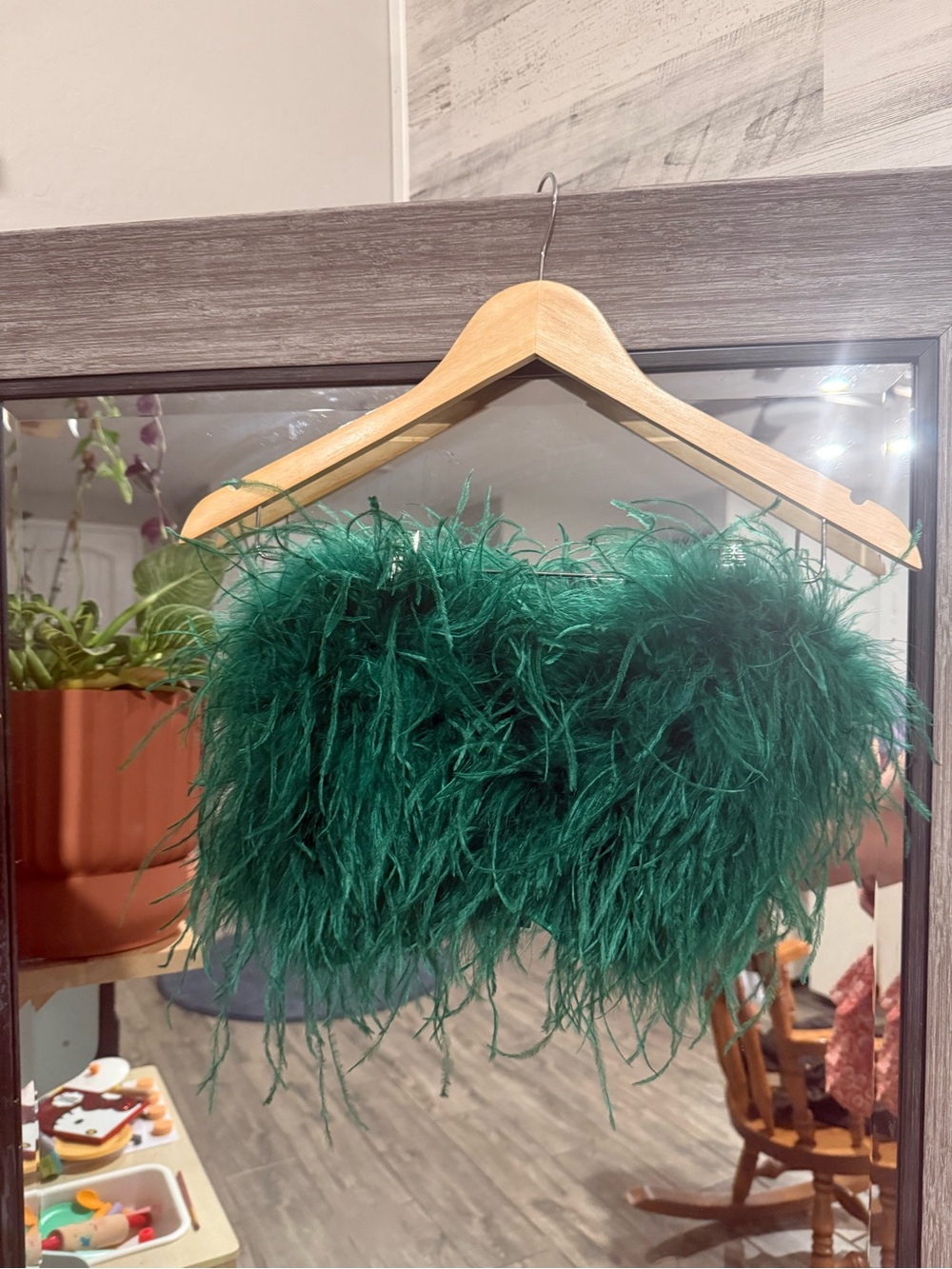 Fashion Nova Deep Green Feather Strapless Crop Top